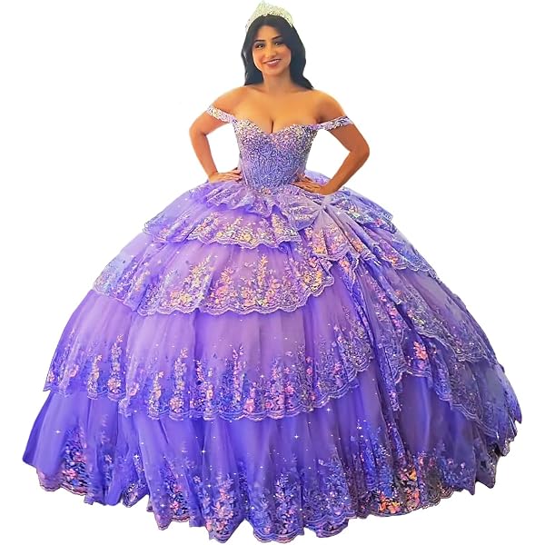 VeraQueen Girl's Off Shoulder Princess Party Dress – Purple Tulle Pageant Dress With Beaded Straps