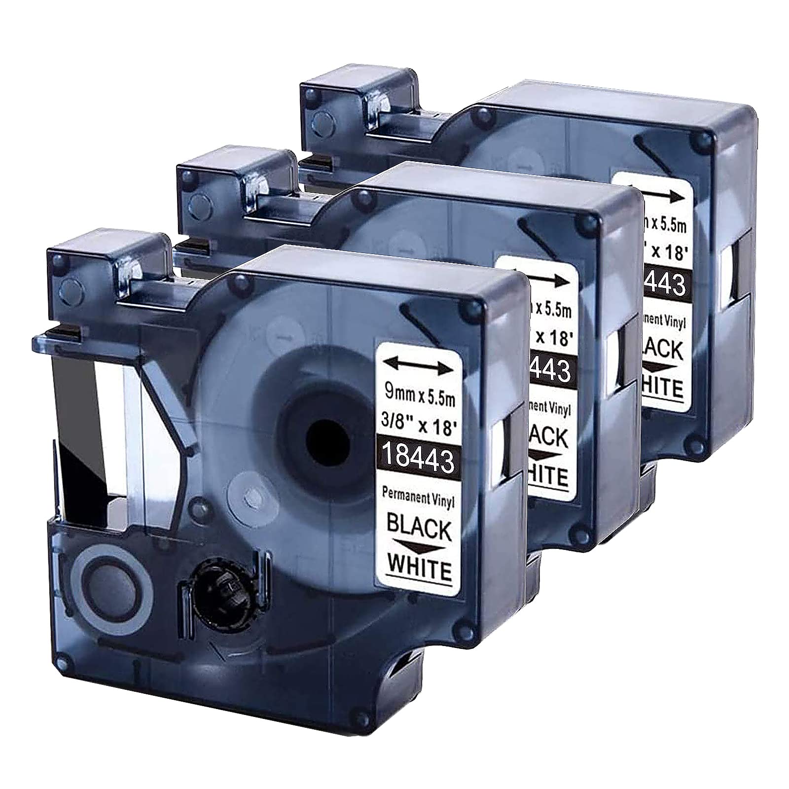 3 x Dymo 18443 Replacement Vinyl Tape, Compatible Rhino Black on White Permanent, 9mm x 5.5m, Works with Dymo Rhino 4200, 5200, 6000, 3000, 1000 Label Maker