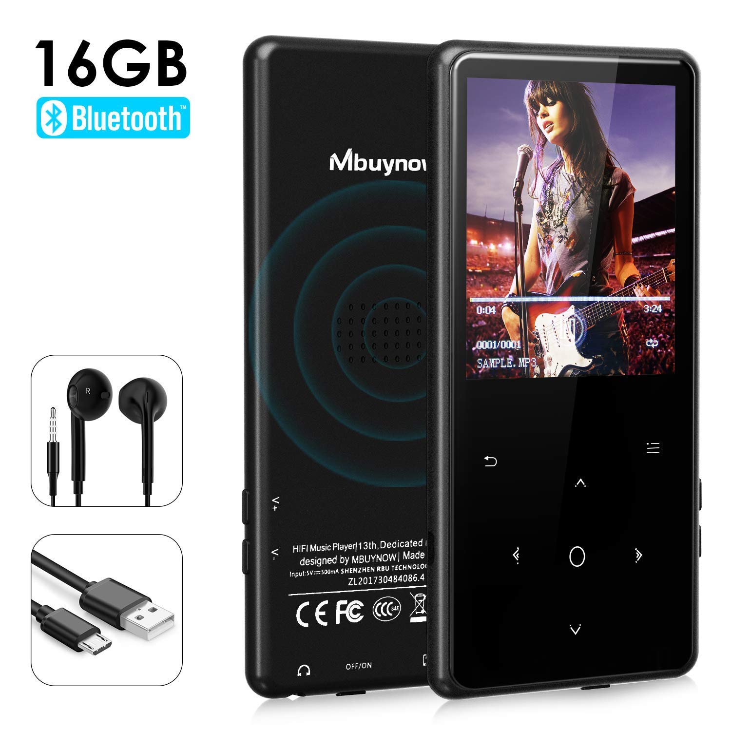 MP3 Player with Bluetooth, Mbuynow 16GB Music Player 2.4 Inch Screen with FM Radio Voice Recorder HIFI Lossless Sound Touch button with Video E-Book Support Up to 128GB TF Card (Black)