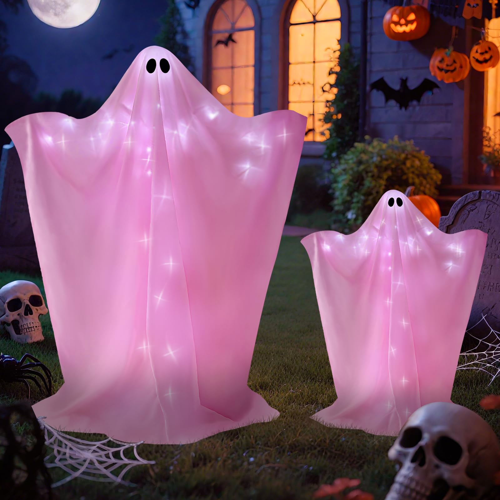 Photo 1 of 2 Pack Halloween Ghosts Outdoor Large 60'' & 36'' Pink Outdoor Ghost Decorations with String Lights Scary Ghosts Halloween Decorations with Timer Light Up Ghost Kit for Garden Porch Yard Party (Pink)