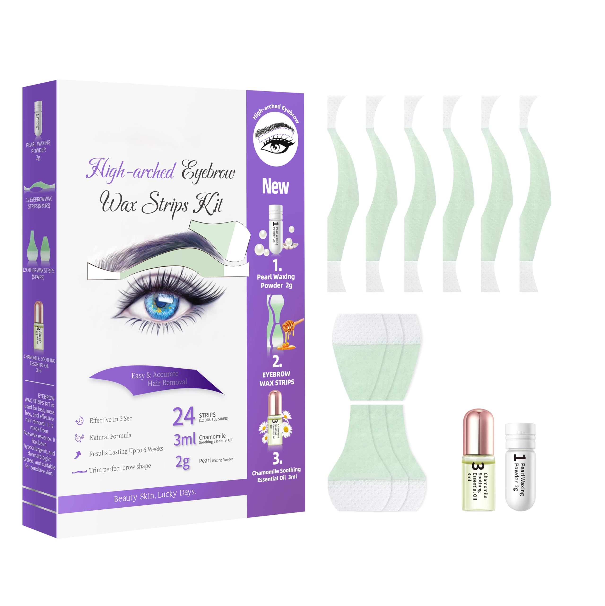 High-arched Eyebrow Wax Strips Kit Facial Wax Strips Hair Removal High-arched Eyebrow Shaper at Home Waxing 24 Strips 3ml Calming Oil for Sensitive All Skin Types Women