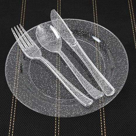 Amazon Co Jp 生分解性使い捨て銀食器透明プラスチックカトラリーセット 0本 宴会パーティー ピクニック q フォーク100本 ナイフ50本 スプーン50本 ホーム キッチン