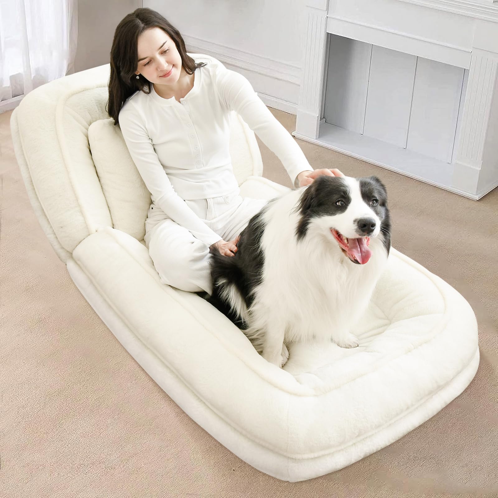 View 1 of ***FACTORY SEALED | TRUCK/TRAILER PICKUP ONLY*** Human Dog Bed for Adult, Pet &Human Lazy Sofa Bed with 5 Adjustable Position, Bean Bag Bed Lounge Chair with 2 Soft Pillows for Reading and Napping (White)