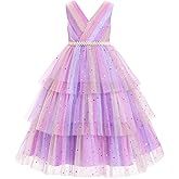 IDOPIP Flower Girls Tulle V-Neck Bowknot Dress for Kids Long A Line Wedding Pageant Dresses Princess Birthday Party Ball Gown