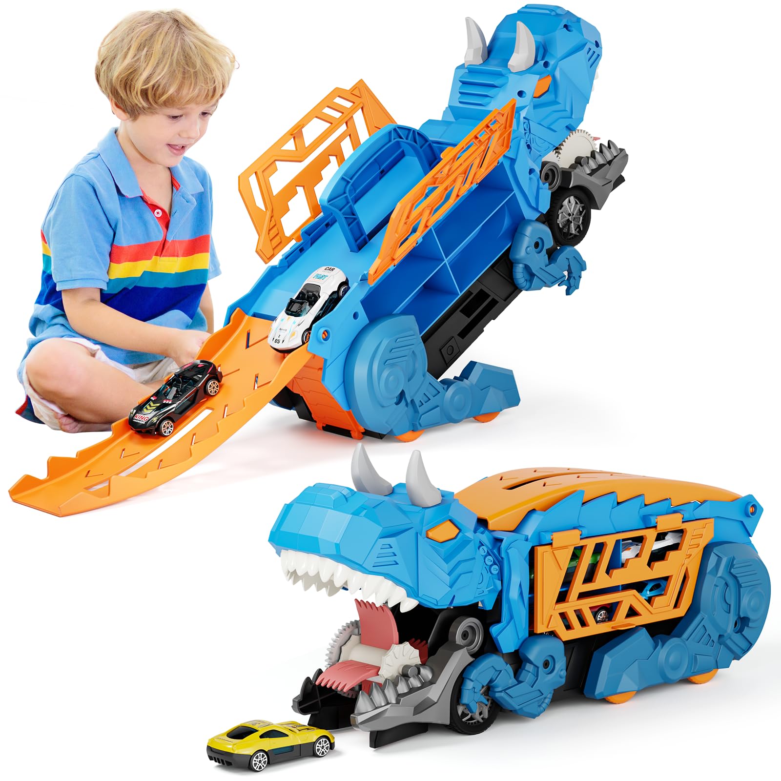 SHAWE Dinosaur Transporter Truck Toys for Boys Age 3-8, Foldable Sliding Race Track Toy with 6 Racing Cars, Swallowing Action, Transformable Carrier Truck Car Toy Gifts for Kids 3 4 5 6 Years Old — image 1