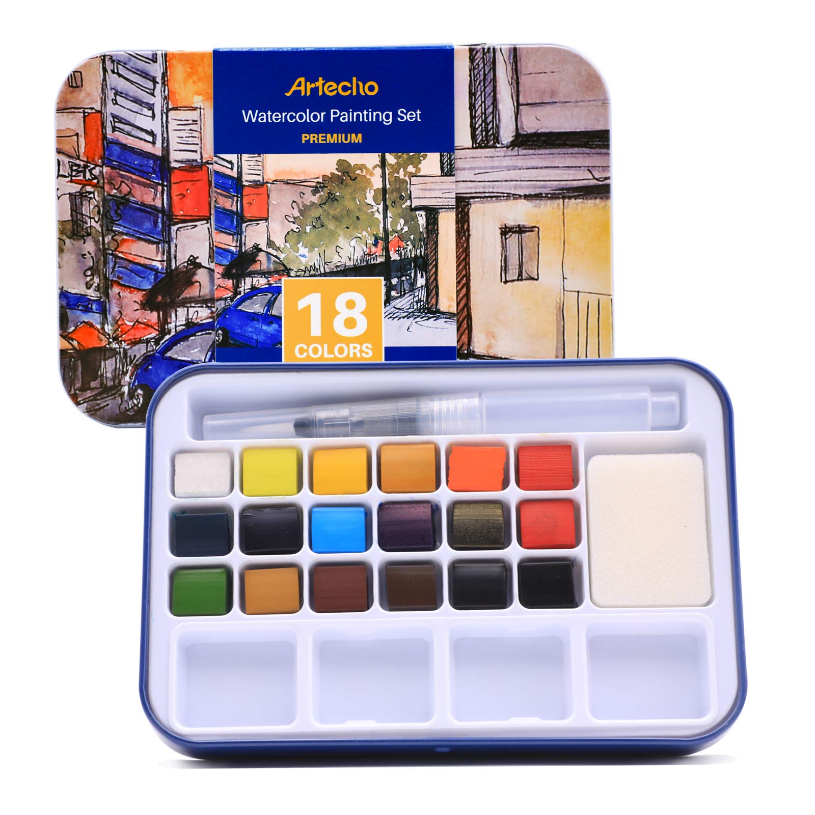 Artecho Watercolour Paint Set, 18 Colors, Watertbrush Pen Included, Lightweight and Portable,Watercolour Paints for Artists and Beginners
