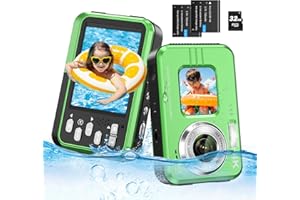 GILAYGROW 4K Waterproof Camera Underwater Camera Snorkeling 11FT with Card Dual Screens Selfie 48MP Autofocus 16X Zoom Compact Digital Camera Waterproof with 2 Batteries (Green)