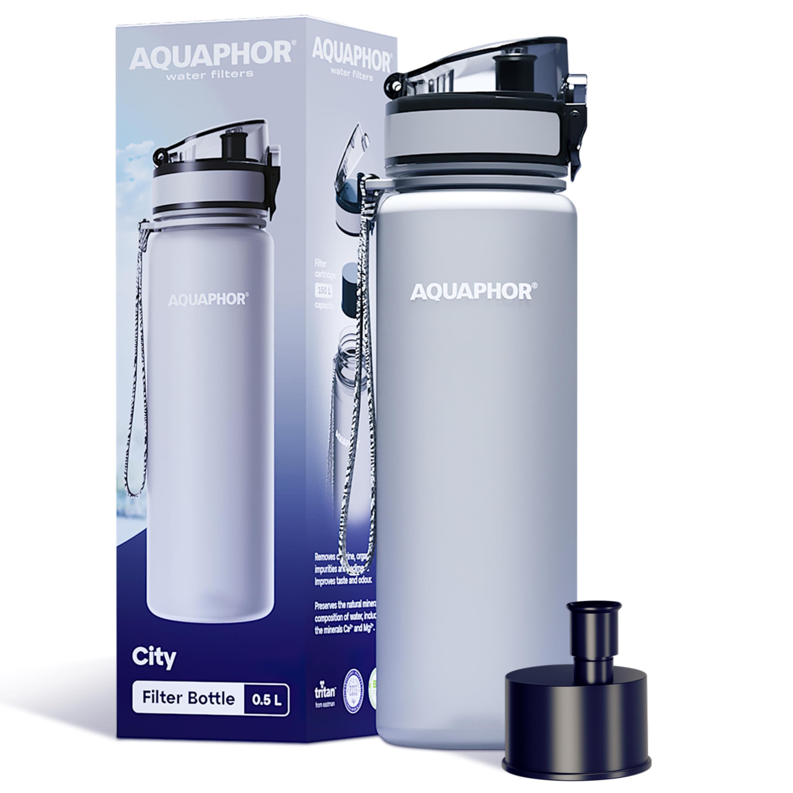 Photo 1 of AQUAPHOR City Filtered Water Bottle in Tritan BPA-free - Portable with Integrated Water Purifying Filter 500 ml - Grey
