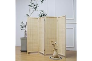 Furnnylane 4 Panel Room Divider Short Folding Screen Room Divider,Double Sided Bamboo Room Divider Screen for Room Separation,Beige,47.2" H x 61.4" W