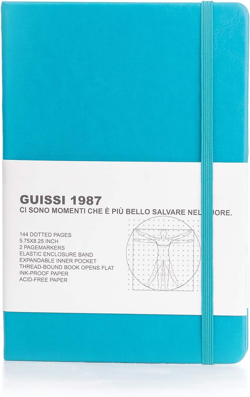 Guissi Classic Dotted Grid Bullet Notebook Journal Dot Hard Cover A5 Premium 80gsm Thick Acid-Free Paper with Fine Inner Pocket Faux Leather Office School Supplies 144 Pages Designed in Florence