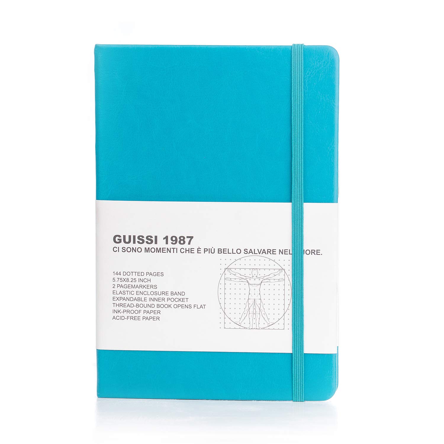 Guissi Classic Dotted Grid Bullet Notebook Journal Dot Hard Cover A5 Premium 80gsm Thick Acid-Free Paper with Fine Inner Pocket Faux Leather Office School Supplies 144 Pages Designed in Florence