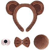 4 Pieces Bear Costume Bear Costume Accessories Set Bear Ears Headband and Tail Nose Bowtie Animal Cosplay Accessories for Halloween Christmas 101 Day Cosplay Party Brown