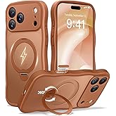 CAPRARO for iPhone 17 Pro Case with 360° Spin Magnetic Stand for Women, [Compatible with MagSafe] [Full Camera Protection] Cute Wave Translucent Matte Case for iPhone 17 Pro, Cosmic Orange