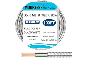 MOOKEERF 14/2 MC Cable with Ground - 100FT Pure Copper 14AWG/2 Metal Clad Wire with Aluminum Armor 14 Gauge 2 Conductor Type MC Alum Cable
