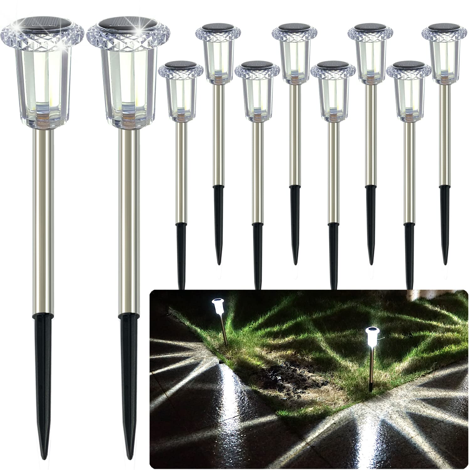 hixyer Bright Solar Pathway Lights Outdoor 10 Pack, Upgraded Solar Lights Up to 12 Hours LED Landscape Lighting Waterproof Decorative for Garden Ground Lawn Yard Walkway (Cold White)
