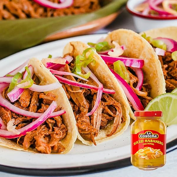 LA COSTEÑA SLICED HABANERO PEPPER FOR MEXICAN FOOD, MANGO HABANERO SALSA, GUACAMOLE, ENCHILADAS, SPICY NACHO & TACO TOPPINGS – HOT PICKLED VEGETABLES – 10X SPICIER THAN JALAPEÑOS – 7.4 OZ, 1 PACK