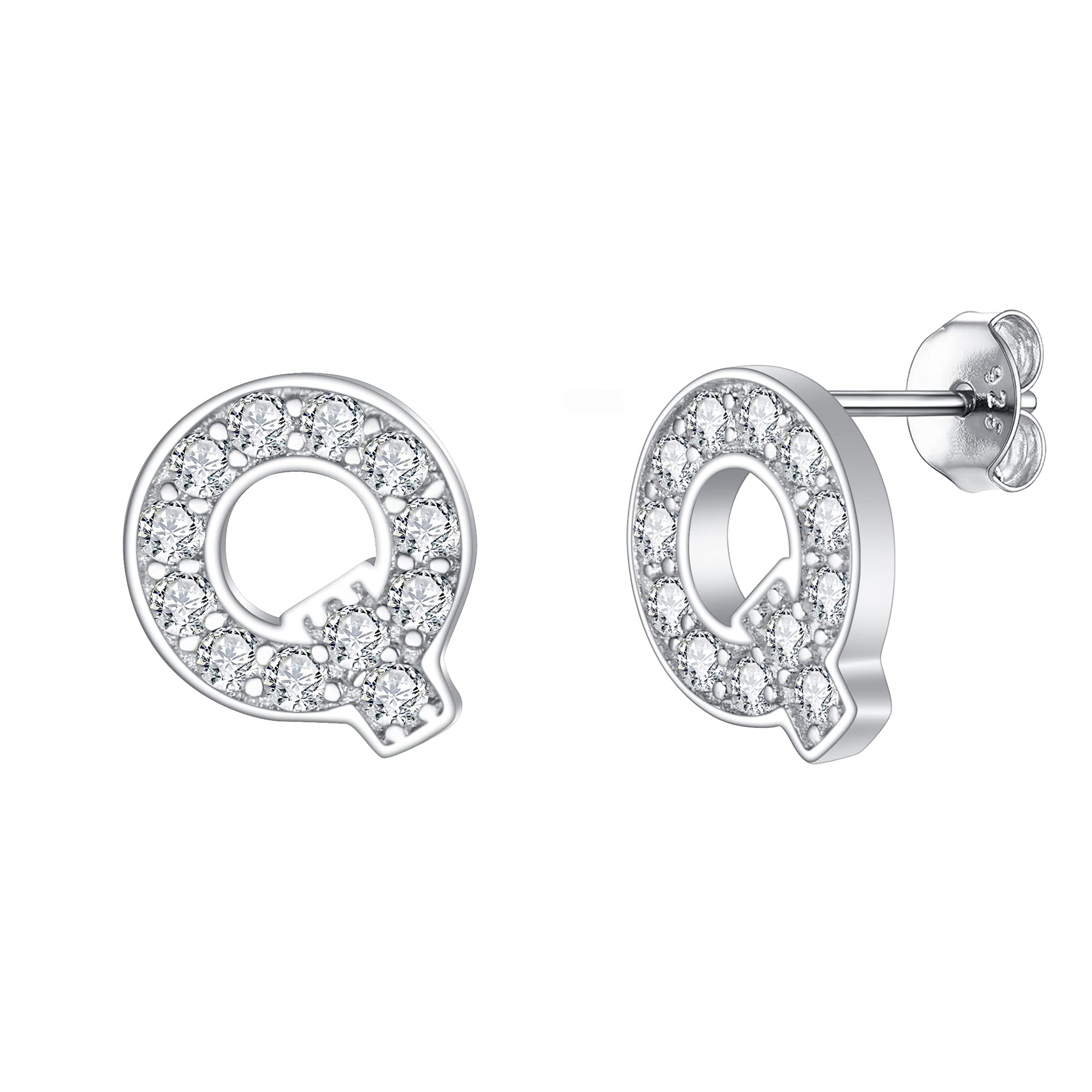 EVER FAITH Women's 925 Sterling Silver Pave Cubic Zirconia Initial Alphabet Letter Q Stud Earrings Clear