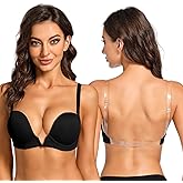 Plusexy Women's Plunge Bra with Clear Straps and Back Deep V Low Cut Padded Push Up Backless Bras
