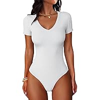 ANRABESS Bodysuits for Women V Neck Short Sleeve Body Suit Tops Slim Fit Ribbed Knit Soft Basic T-Shirts 2026 Summer Outfits