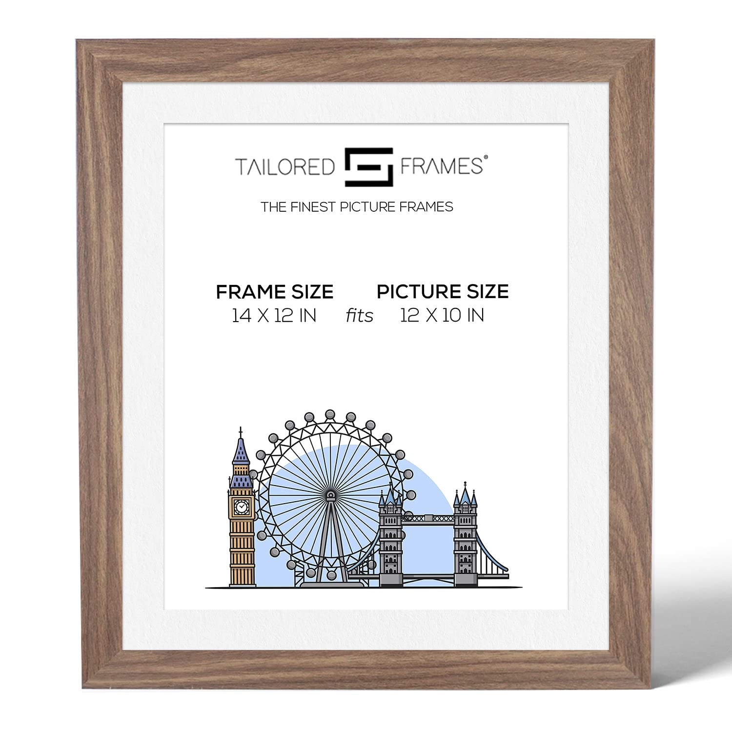 Tailored Frames Seattle Walnut 14" x 12" Frame for 12" x 10" Picture | Single Picture Frames | Wall Hanging Type | Photo Frame With White Mount