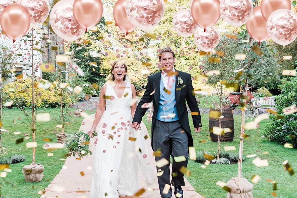 Rose Gold Confetti Latex Balloons, 50 pack 12 inch Birthday Balloons with 33 Feet Rose Gold Ribbon for Party Wedding Bridal Shower Decorations: Toys & Games