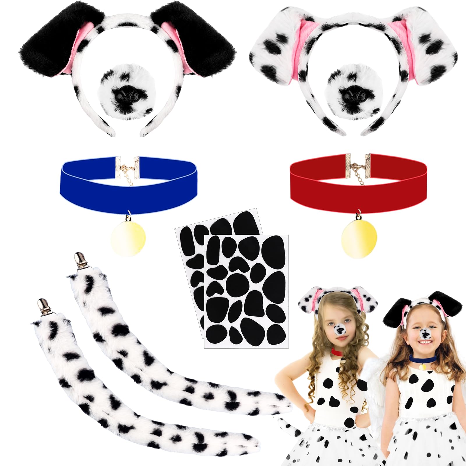 Photo 1 of 10 Pcs 101 Days of School Dalmatian Costume Set for Kids - Dog Ear Nose Tail Headband Velvet Choker Sticker for Kids 101 Days of School Cosplay, Dog Accessories for World Book Day Party Costume Supply