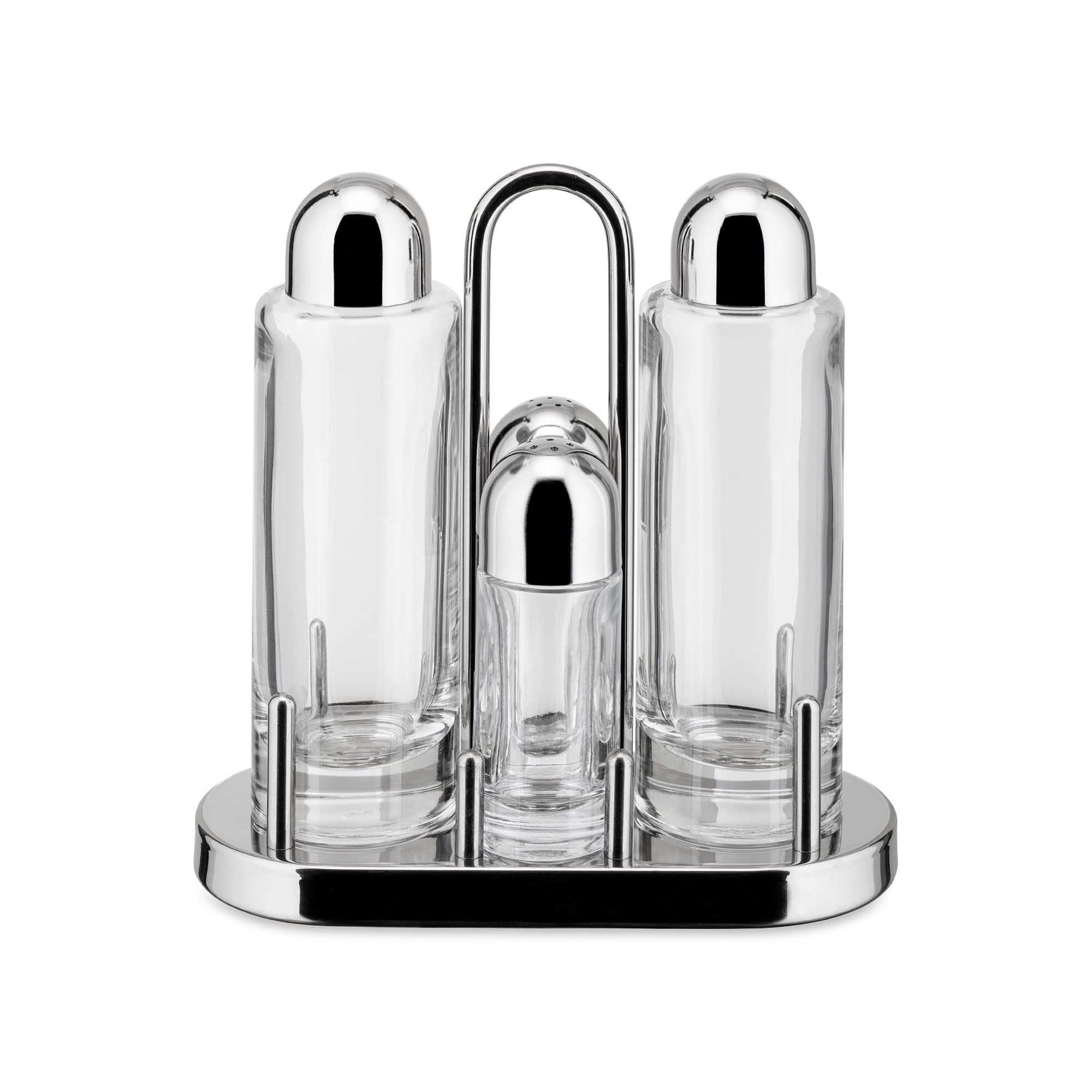 Alessi | 5070 - Design Condiment Set for Oil, Vinegar, Salt and Pepper in 18/10 Stainless Steel and Crystalline Glass