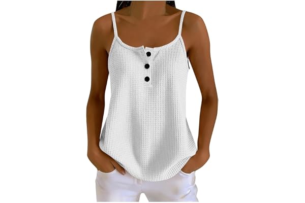 Dovidovi Womens Tank Top Waffle Knit Sleeveless Henley Shirts Spaghetti Strap Summer Loose Button V Neck Dressy Casual Tops