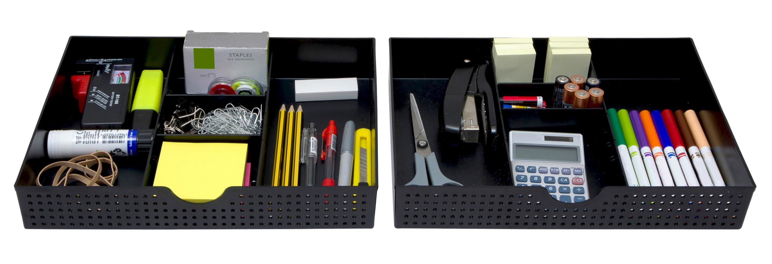 Amtido Desk Drawer Organiser Tray for Office Stationary Supplies & Accessories - Sleek 3 Compartments Stationery Organisers with 2 Adjustable Dividers - Black Desk Tidy Organiser - 2 Pack