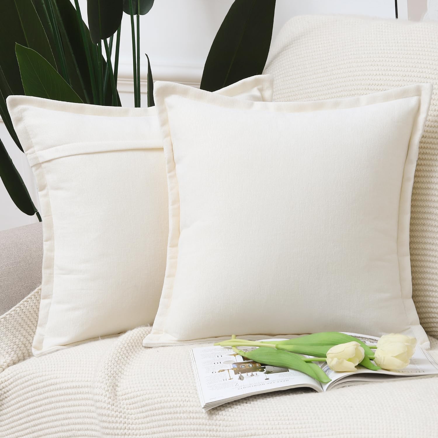 Madizz Fringe Chenille Cushion Covers Set of 2 Super Soft Boho Throw Pillow Covers Decorative Plain Throw Pillowcases Modern Home Decor for Sofa Bedroom Cream White 20x20 inch, 50x50 cm