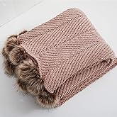 vctops Fur Pom Pom Knit Throw Blanket Super Soft Warm Cozy Cable Knitted Blanket for Sofa and Couch 51 x 63 Inch Light Coffee