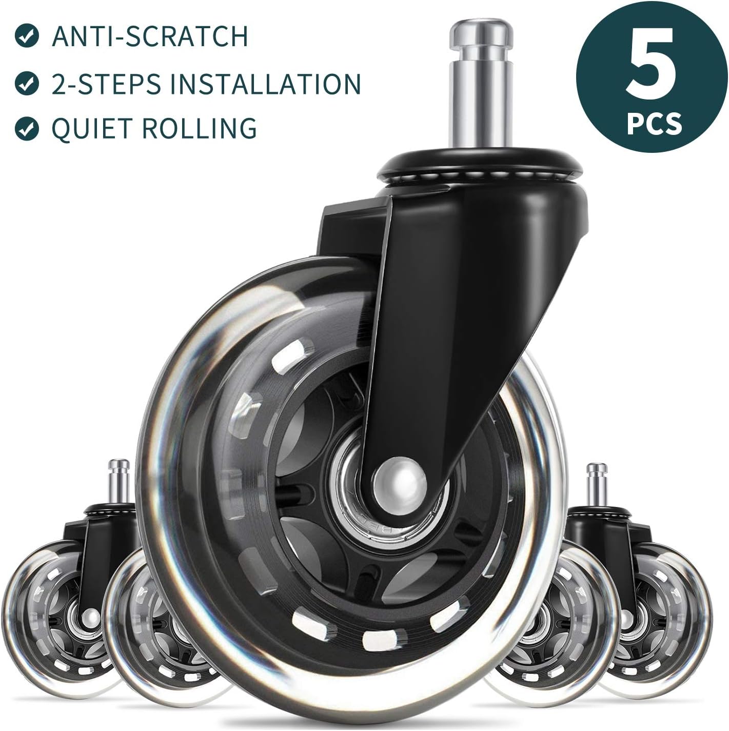 UVII Office Chair Caster Wheels（Set of 5), 3" Heavy Duty Mute Replacement Rubber Chair Casters with 7/16" x 7/8" Stem, Safe for All Floors, Ideal Replacement for Floors Chair Mats, Universal fit : Office Products