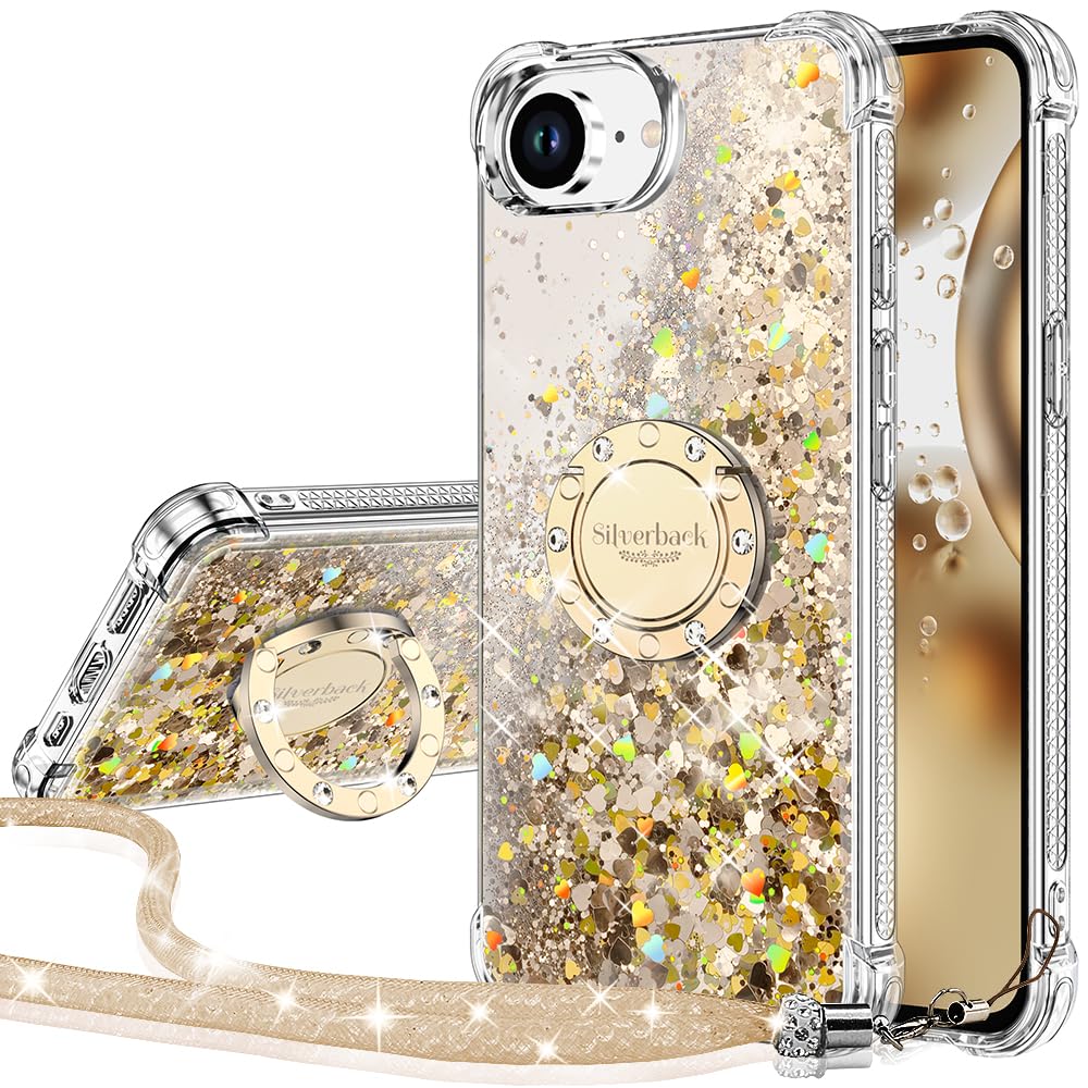 Silverback for iPhone 17e Case/iPhone 16e Case with Stand, Moving Liquid Holographic Sparkle Glitter Case with Kickstand, Girls Women Bling Diamond Ring Protective Cover - Gold