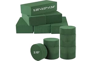 Worldity 12 Pack Floral Foam Blocks, 5.35" x 3.07" x 1.54" Rectangular & 3.15" x 1.5" Round Green Wet/Dry Foam for Fresh & Ar