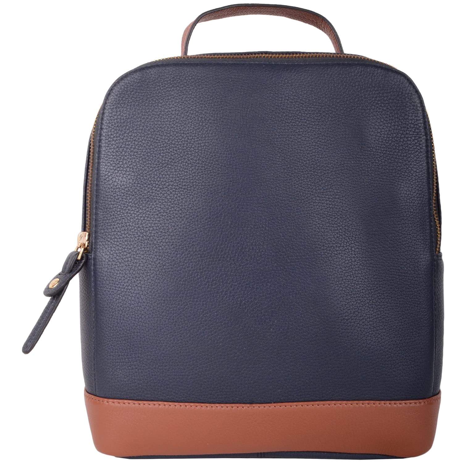 Womens Premium Leather School Work College Travel Backpack Rucksack with Contrasting Colours - Navy/Tan