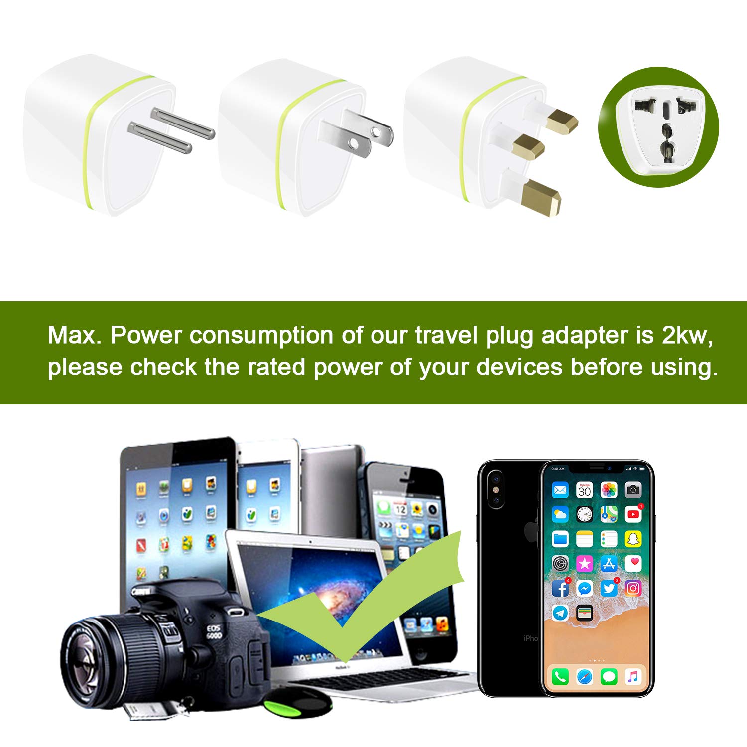 Travel Power Plug Adapter, USA, UK, EU Standard Plug, Universal & Grounded, 3 Pack