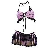 MEOWCOS Women's Cat Fishbone Print Bikini Set Gothic Two-Piece Swimsuit Halter Top Skirt Bathing Suit