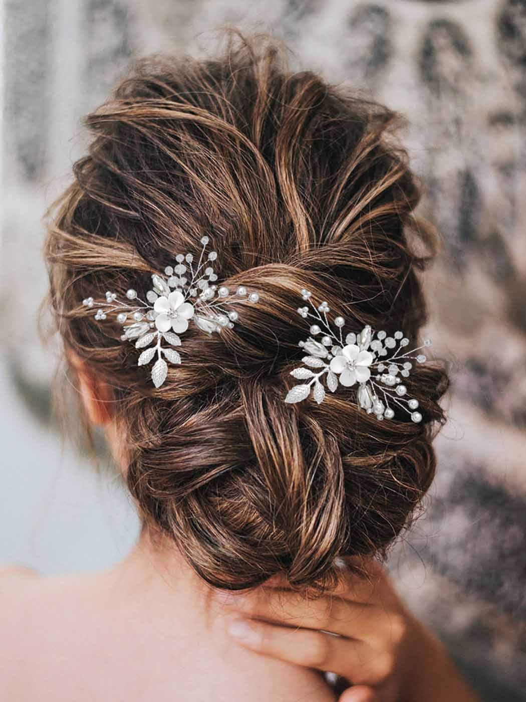 Vakkery Flower Bride Wedding Hair Pins Silver Pearl Hair Pieces Bridal Hair Accessories for Women and Girls (Pack of 2)