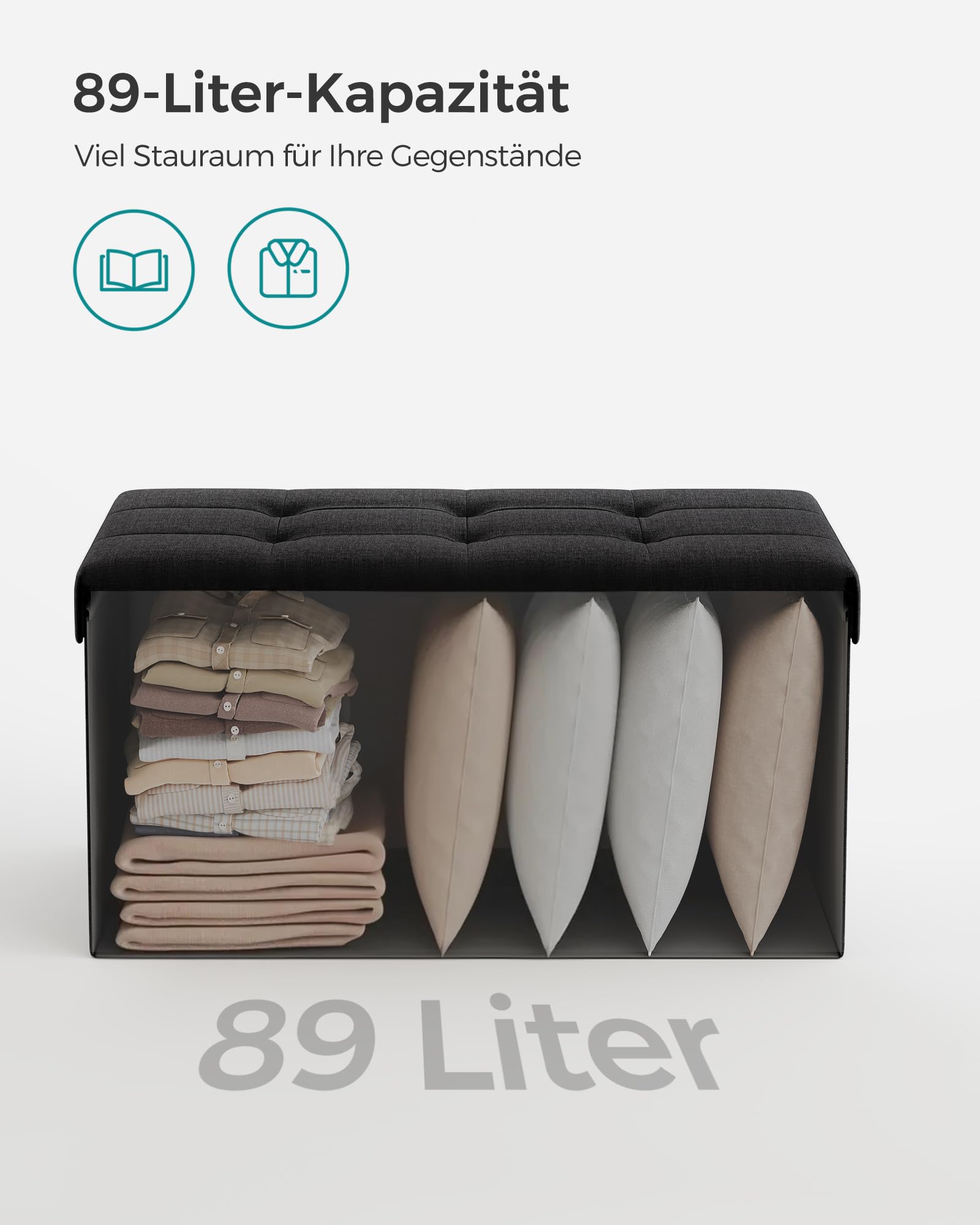 SONGMICS Sitzhocker mit Stauraum, klappbare Sitzbank, 38 x 76 x 38 cm Fußbank, Aufbewahrungsbox, bis 300 kg belastbar, für Wohnzimmer Schlafzimmer Flur, tintenschwarz LSF047B01 5