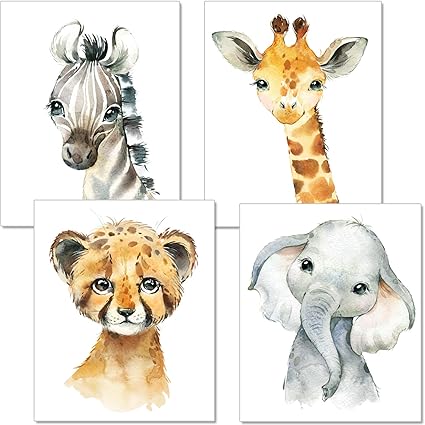 artpin® 4er Set Bilder Kinderzimmer Deko Junge Mädchen - DIN A4 Poster Tiere - Safari Afrika Wandbilder - Porträt Elefant Tiger Erdmännchen Zebra (P35)