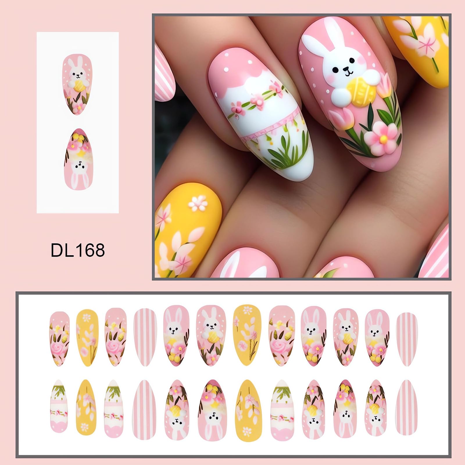 Easter Press on Nails Almond Medium Fake Nails with Cute Bunny Flower Designs Spring Acrylic Glue on Nails Easter Day Manicure False Nails Cute Stick on Nails for Women Nail Art Decoration 24Pcs - Image 2