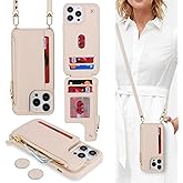 Cavor for iPhone 14 Pro Wallet Case with Card Holder for Women,for iPhone 14 Pro Case with Strap,Crossbody Lanyard and Wristlet Zipper Pocket Phone Cover-Cream