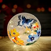 Crackle Glass Ball Light Butterfly Floral Pattern LED Night Light Indoor Tabletop Decorative Sphere Lamp for Home Decor Christmas Birthday Wedding Girls Women's Gift (1 Pack)