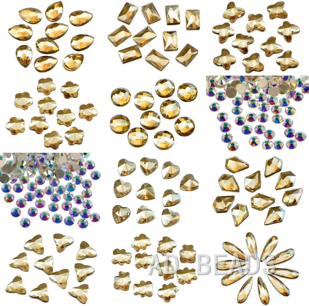 300 Pieces Flatback Non Hotfix Gems Crystal Rhinestones 12 Sizes Rhinestones Mixed Shapes (Champagne)
