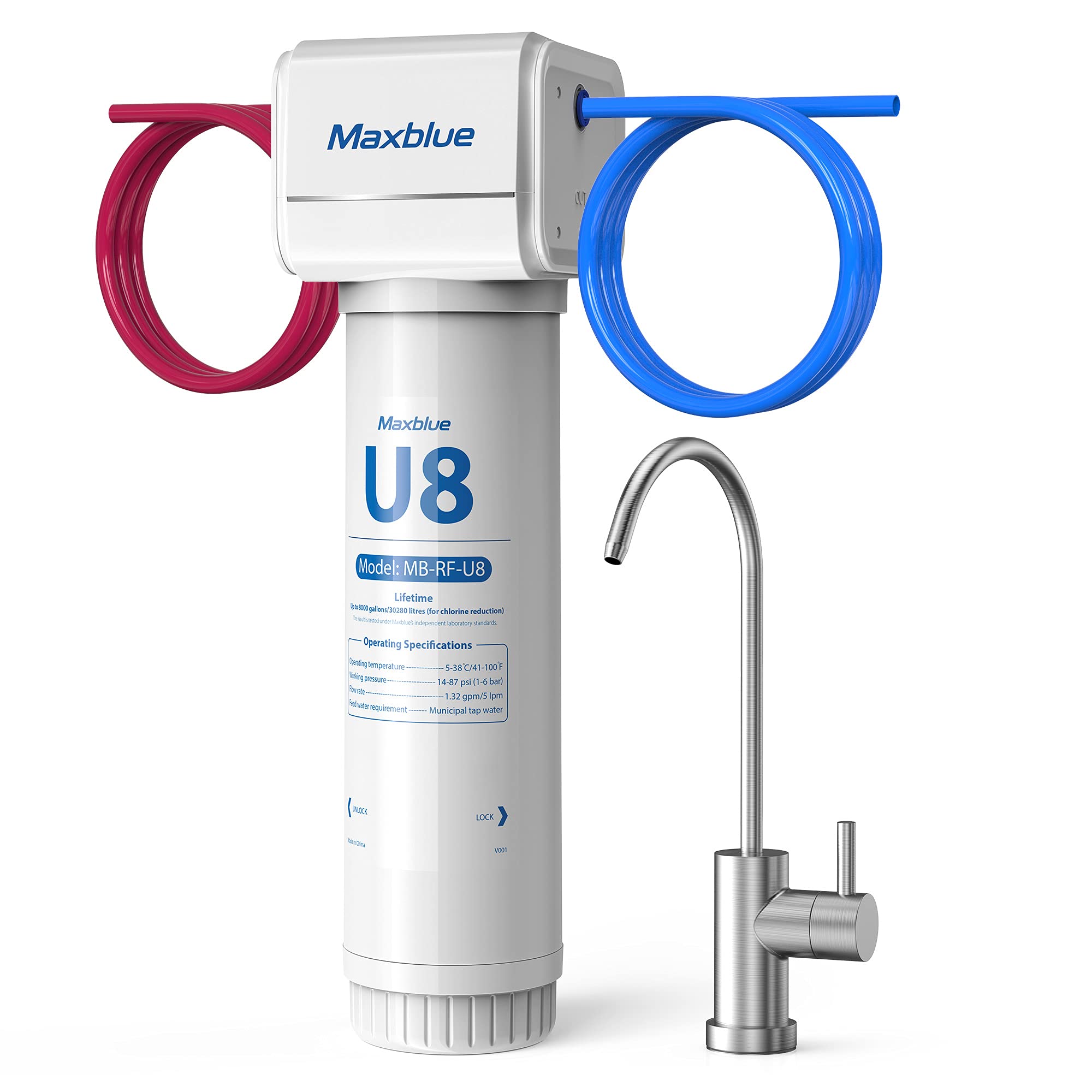 Maxblue U8-ST Under Sink Water Filter System, 2 Years High Capacity, Reduces Lead, Chlorine, Heavy Metals, Bad Taste & Odor, Under Counter Water Filter Direct Connect to Kitchen Faucet, USA Tech