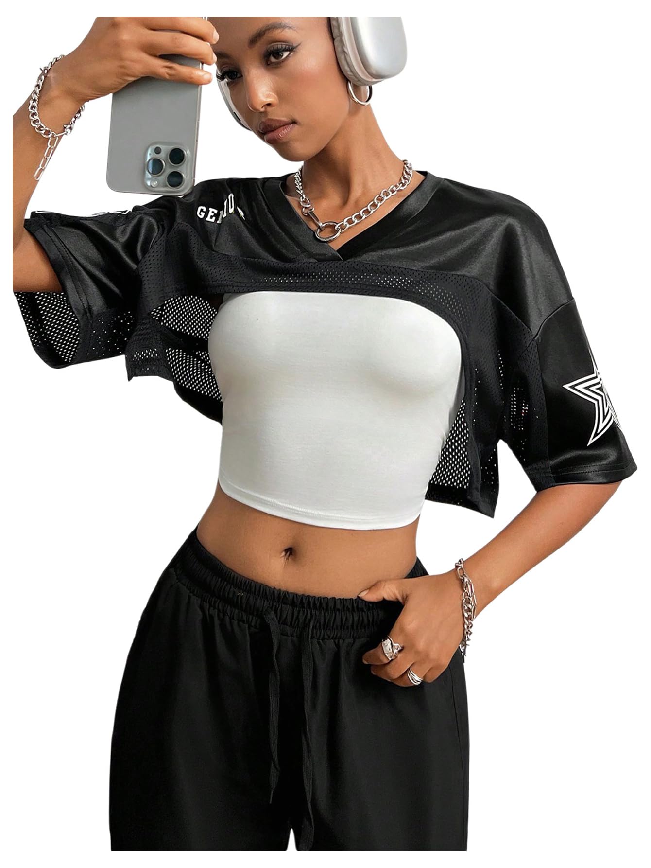 Photo 1 of MakeMeChic Cropped Jersey Shirts for Women Half Sleeve Y2k Crop Tops Shrugs V Neck Graphic Tee Black Large