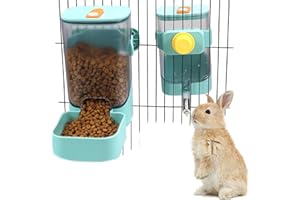 PODOO Rabbit Food Water Dispenser, 24oz No Drip Bunny Water Feeder, 34oz Large Hanging Automatic Pet Food Dispenser, Hanging Outside or Inside The Cage for Small Animals (Food+Water)