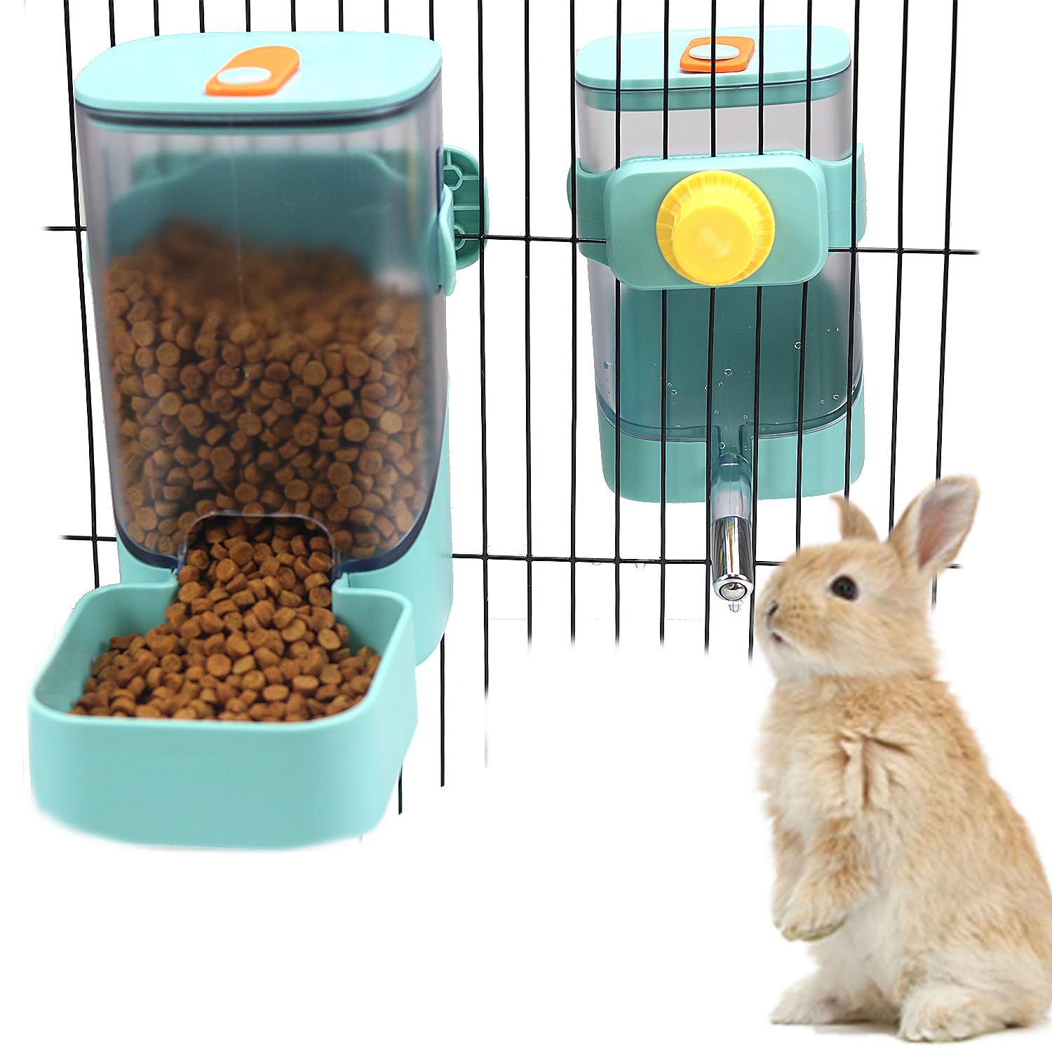Photo 1 of PODOO Rabbit Food Water Dispenser, 24oz No Drip Bunny Water Feeder, 34oz Large Hanging Automatic Pet Food Dispenser, Hanging Outside or Inside The Cage for Small Animals (Food+Water)