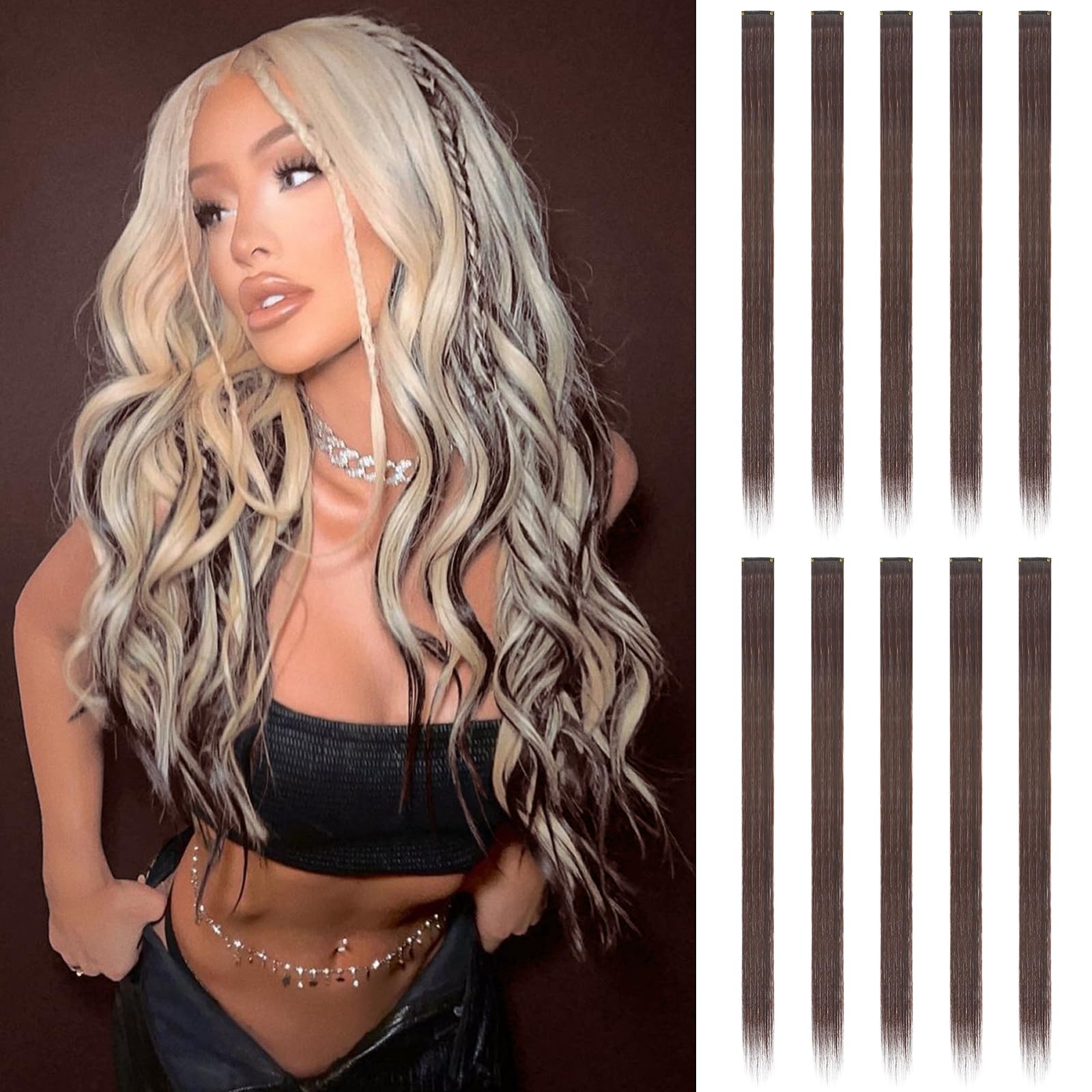 FESHFEN Coloured Clip in Hair Extension Brown Hairpieces for Women Party Highlight Colourful Straight Long Hair Extensions Clip in Hair Piece, 22 inch โ image 1
