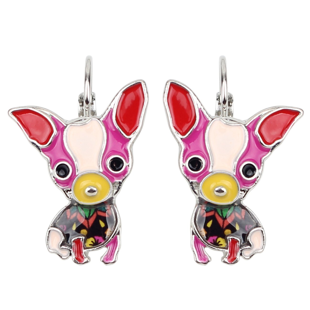 NEWEI Floral Enamel Chihuahua Earrings Cute Pet Dog Dangle Jewellery for Women Girls Gift Charms (Red)